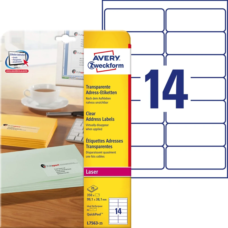 Avery Zweckform L7563-25 Universal Address Labels 25 Sheets / 350 Labels / 99.1 x 38.1 mm/Transparent