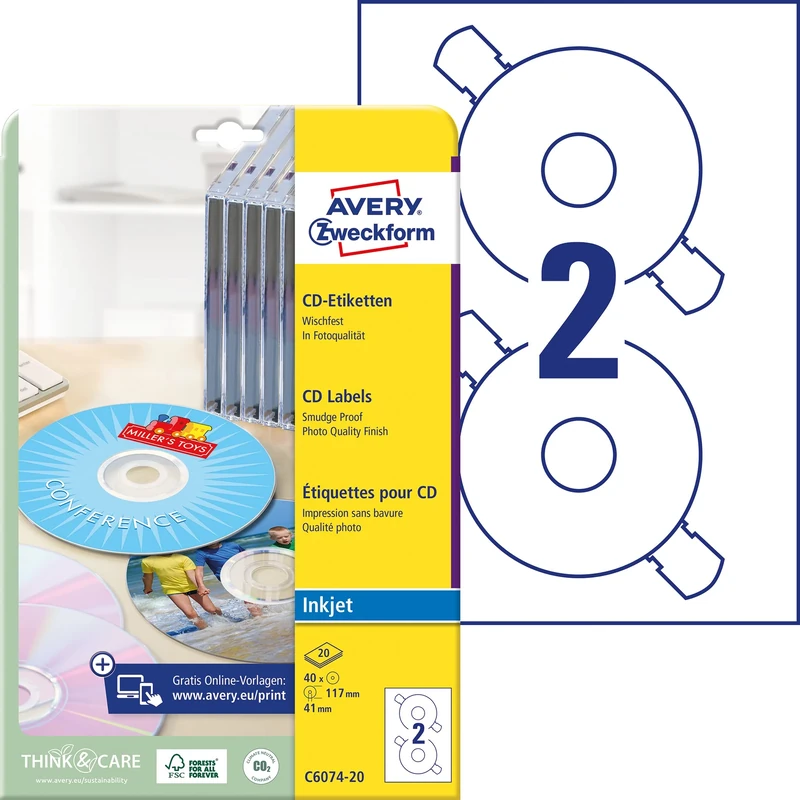 Avery CD/DVD Labels, Inkjet Ø 117 C6074 wt/pk 40 - printer labels (Inkjet Ø 117 C6074 wt/pk 40, Inkjet, White, Ø 117)