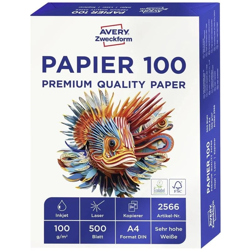 AVERY Zweckform 2566 Printer/Copier Paper (500 Sheets, 100 g/m², DIN A4 Paper, Brilliant White, for All Printers) 1 Pack