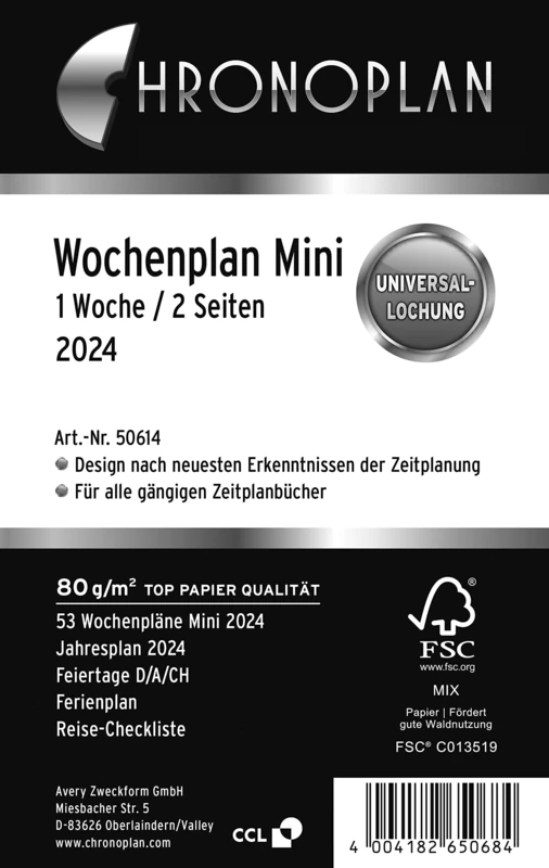 Chronoplan 50614 Calendar Insert 2024 (Weekly Plan Mini (79 x 125 mm) Replacement Calendar for Diary, Ideal for Detailed Weekly Planning, 1 Week on 2 Pages in Lines, with Universal Punching, White - Image 1