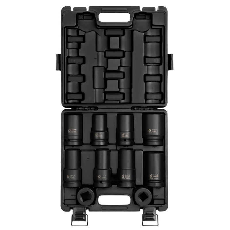 Sunex 5690A, 1 Inch Drive Heavy Duty Wheel Impact Socket Set, 10-Piece, SAE/Metric, Deep/Deep Thin Wall/Square/Controlled Depth, Cr-Mo Steel, Heavy Duty Storage Case
