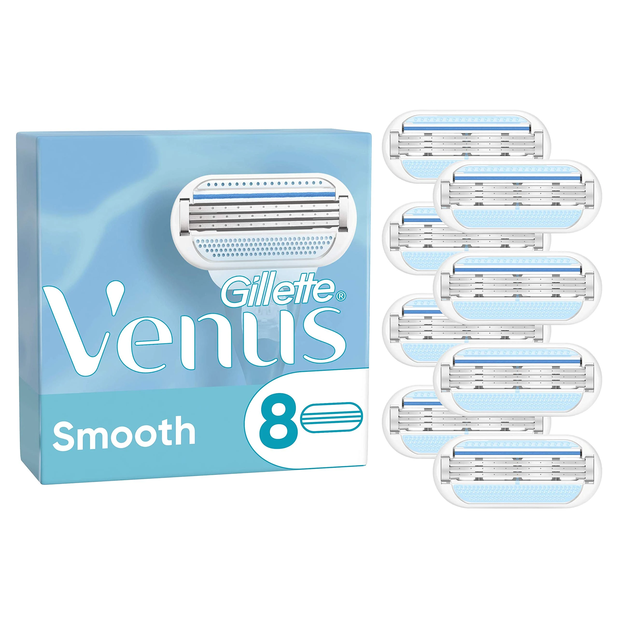 Gillette Venus Smooth Razor Blades Women, Pack of 8 Razor Blade Refills, Lubrastrip with A Touch of Botanical Oils