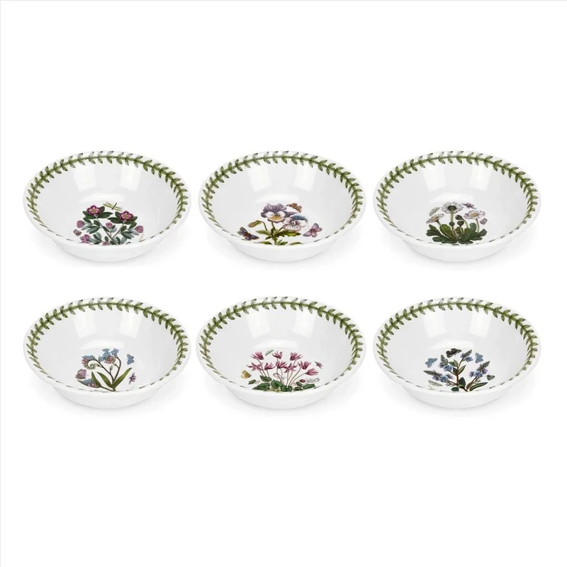 Portmeirion x Botanic Garden Set of 6 Mini Bowls - White Ceramic Floral Bowls with Laurel Leaf Border, Made in England, Stylish, Durable, Microwave & Dishwasher Safe, 13cm