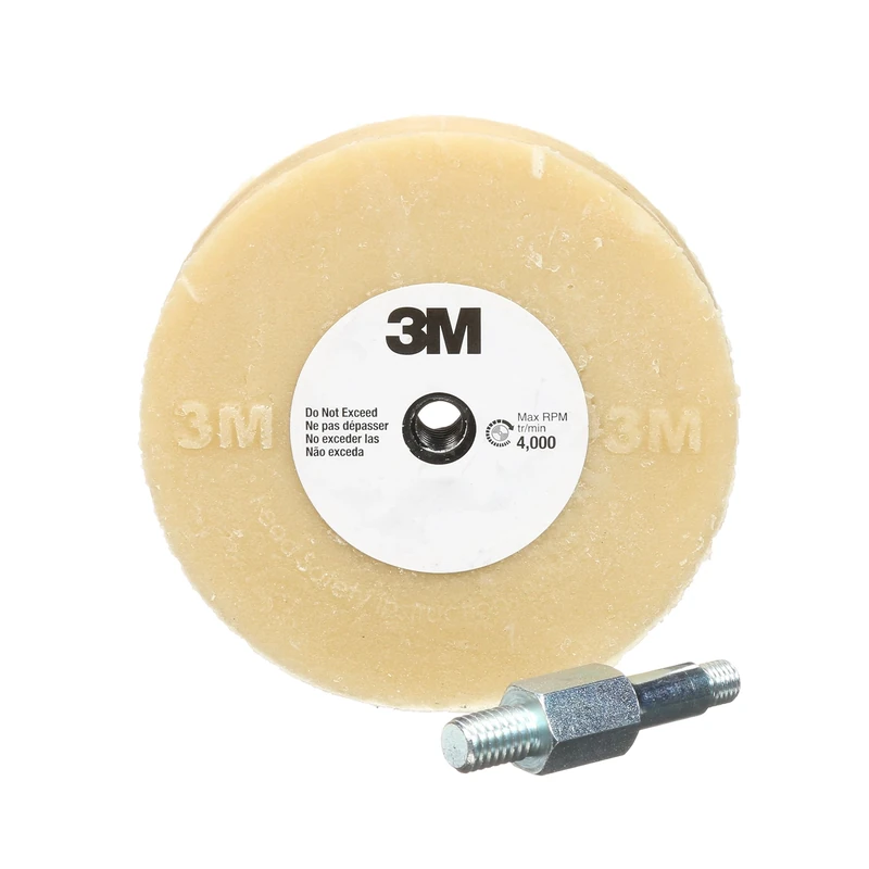 3M Stripe Off Wheel Adhesive Remover Eraser Wheel Removes Decals, Stripes, Vinyl, Tapes and Graphics 4” diameter x 5/8” thick 3/8-16 threaded mandrel 07498 Pack of 1 - Image 1