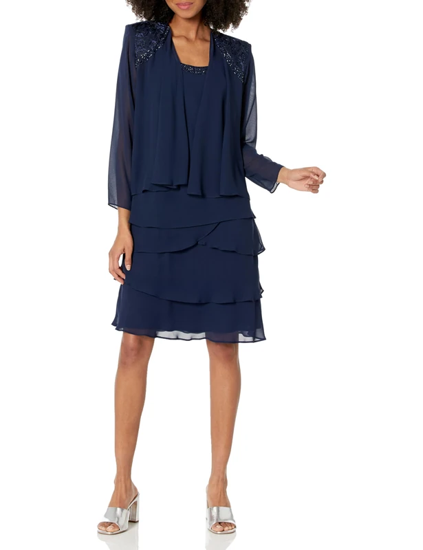 S.L. Fashions Women's Mother of The Bride Tiered Jacket Dress with Shoulder Embellishment (Petite and Regular Sizes) Special Occasion, Navy, 18