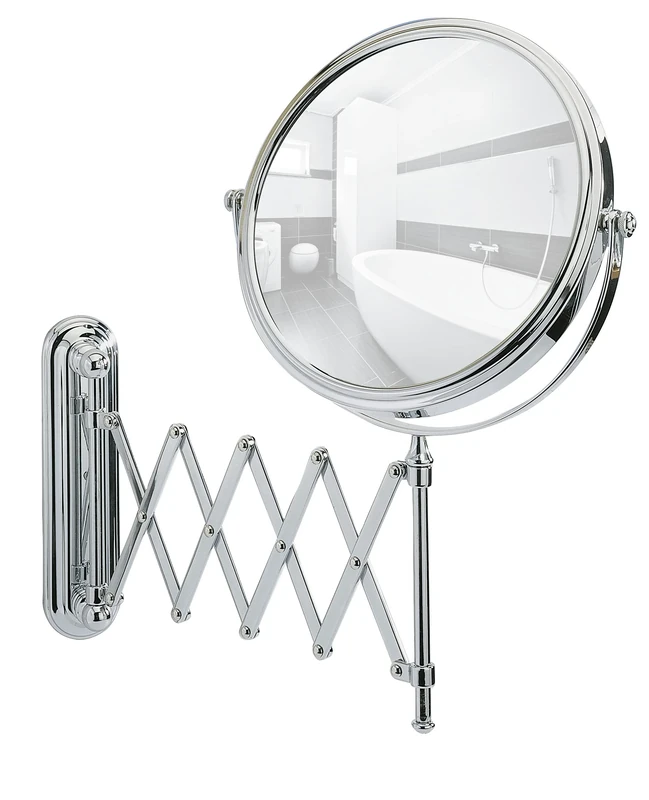 WENKO Wall-Mounted Cosmetic Mirror Telescope Deluxe - Height-Adjustable, Swivel Function, Reflecting Surface ø 19 cm 500% Magnifying Effect, Steel, 23 x 38 x 50 cm, Chrome