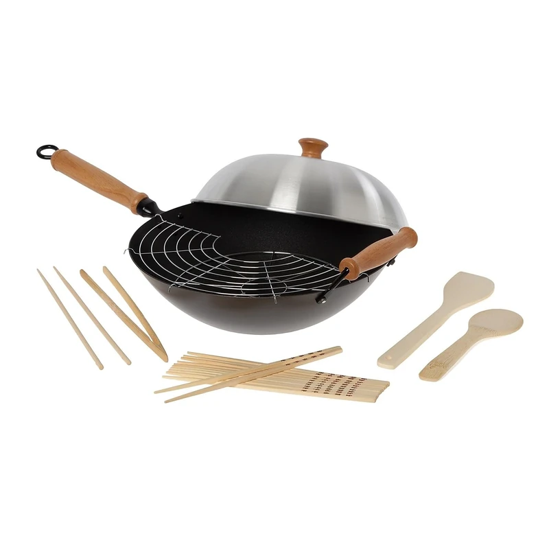 Honey Can Do Joyce Chen Professional Series 14-Inch 10-Piece Wok Set, Includes Carbon Steel Nonstick Wok Pan with Lid and Maple Handles, Tempura Rack, Utensils, and Recipe Book - Image 1