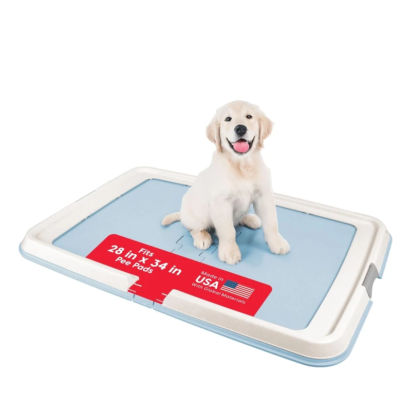 IRIS USA Pee Pad Holder, XL, Marking and Leg Lifting Dog Pad Holder, Foldable, Secured Latches, Non-Skid Rubber Feet, High Polish Finish for Easy Cleaning, Fits 23"x35" Pad or Larger, Blue
