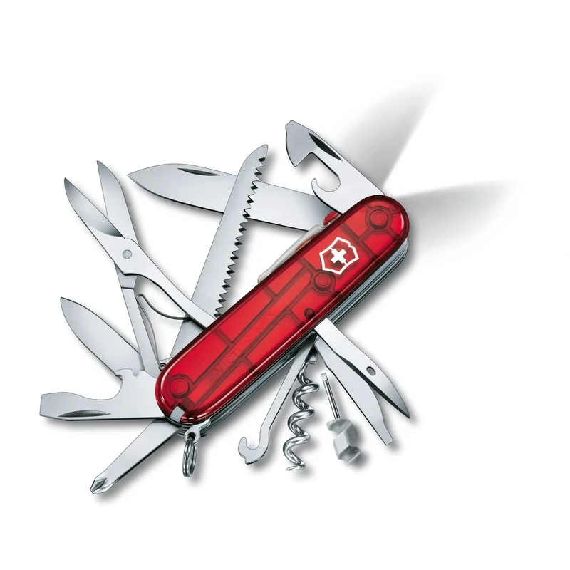 Victorinox Huntsman Lite Swiss Army Knife, Medium, Multi Tool, Camping Knife, 21 Functions, Blade, LED, Red Transparent