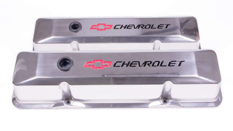 ProForm Valve Cover, Die-Cast, Tall, Baffled, Breather Hole, Recessed Chevrolet Bowtie Logo, Aluminum, Polished, Small Block Chevy, Pair (141-108)