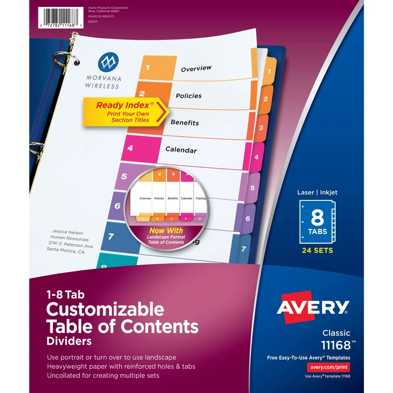 Avery 8 Tab Dividers for 3 Ring Binders, Customizable Table of Contents, Multicolor Tabs, 24 Sets (11168)