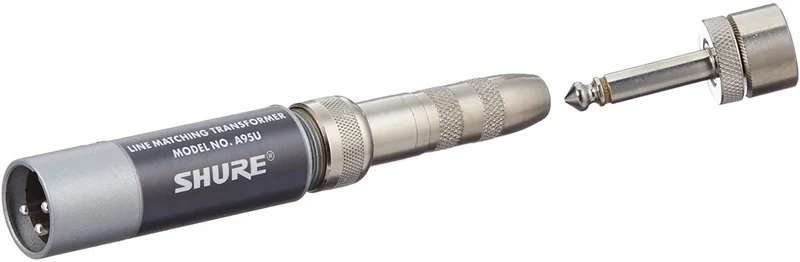 Shure A95U Transformer; Low Z, Male XLR to High Z MC1M Connector with Mating 1/4-Inch Phone Plug/Jack - Image 1
