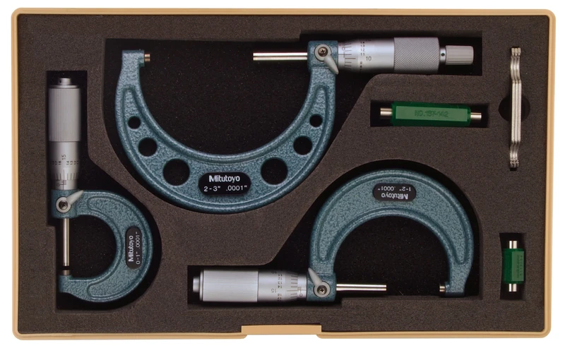Mitutoyo 103-922 Outside Micrometer Set with Standards, 0-3" Range, 0.0001" Graduation (3 Piece Set)