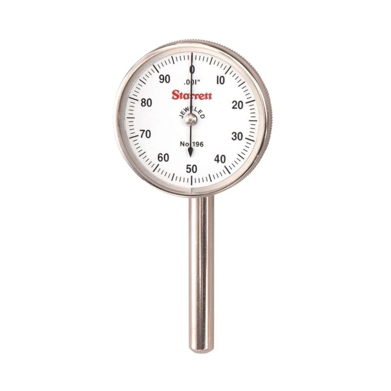 Starrett 196B1 Universal Dial Indicator, Back Plunger, White Dial, 0-100 Reading, 0-0.2" Range, 0.001" Graduation