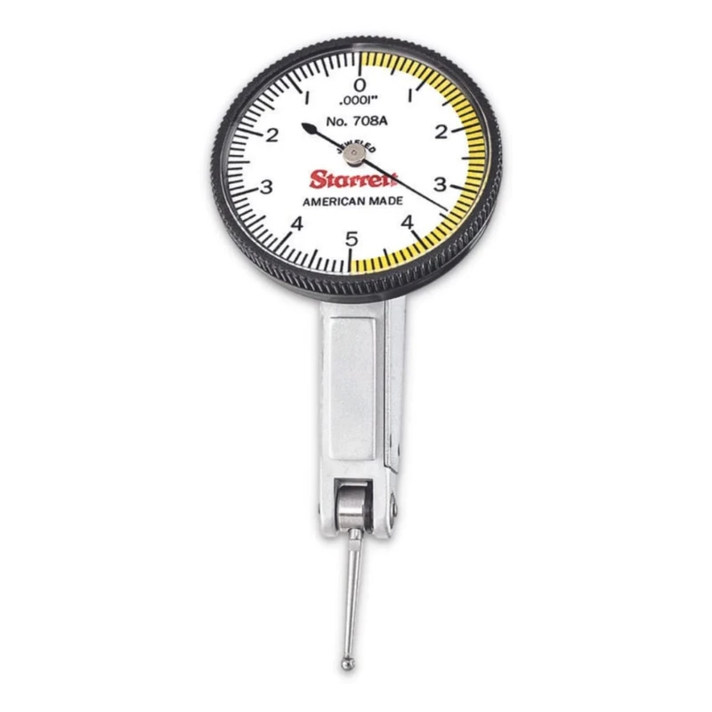 Starrett 708AZ Dial Test Indicator without Attachments, Dovetail Mount, White Dial, 0-5-0 Reading, 1.375" Dial Dia., 0-0.01" Range, 0.0001" Graduation