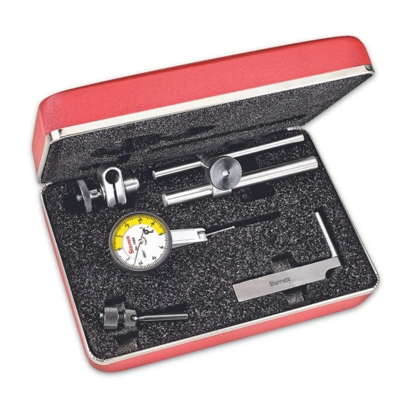 Starrett 708BCZ Dial Test Indicator with Attachments, Dovetail Mount, White Dial, 0-5-0 Reading, 1.375" Dial Dia., 0-0.02" Range, 0.0001" Graduation