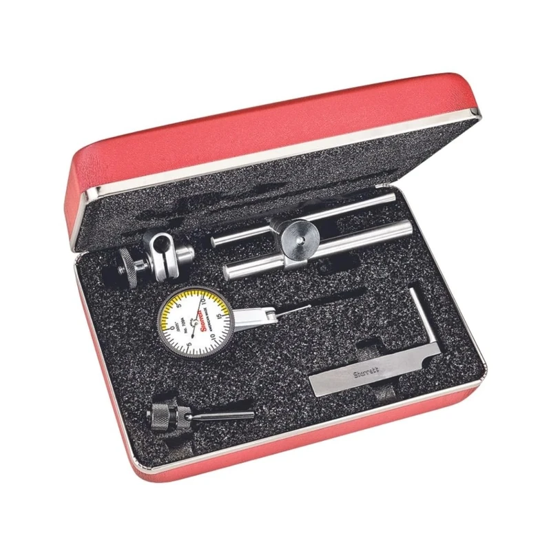 Starrett 709ACZ Dial Test Indicator with Attachments, Dovetail Mount, White Dial, 0-15-0 Reading, 1.375" Dial Dia., 0-0.03" Range, 0.0005" Graduation, +/-0.0005" Accuracy