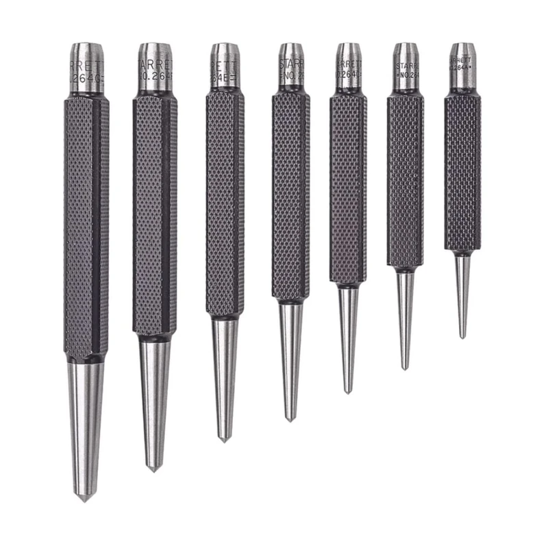 Starrett S264WB Set Of 7 Centre Punches, 1/16"-1/4" Tapered Point Diameters, In Round Plastic Case