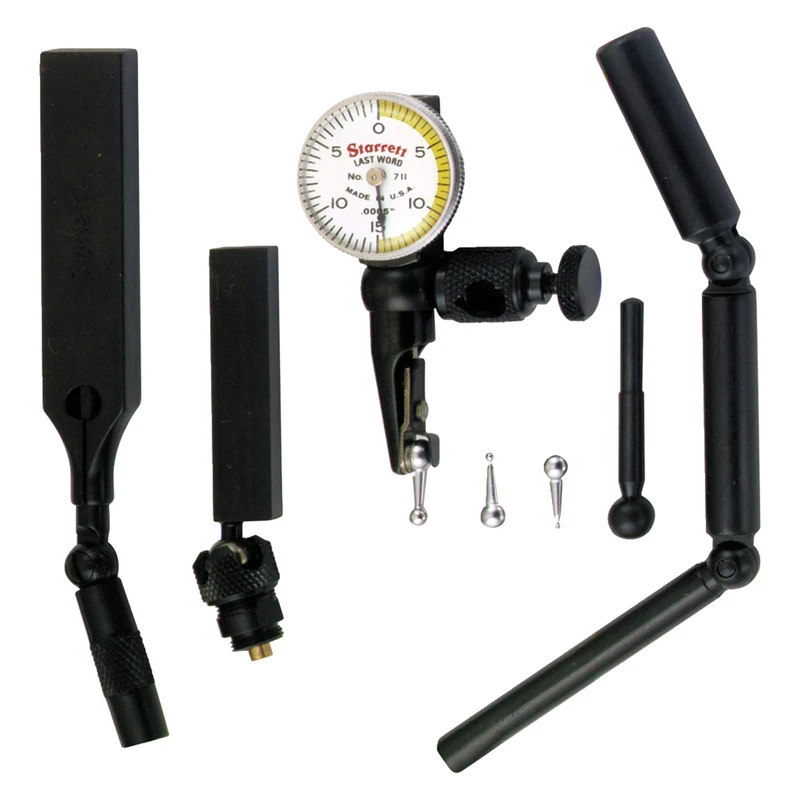 Starrett 711LCSZ Last Word Dial Test Indicator with Attachments, White Dial, 0-15-0 Reading, 0-0.03" Range, 0.0005" Graduation, +/-0.0005" Accuracy