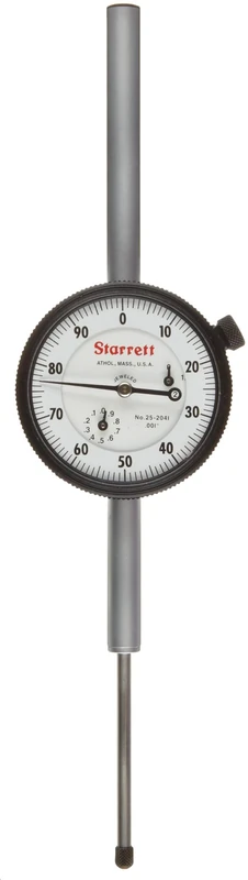 Starrett 25-5041J Dial Indicator, Long Range, 0.375" Stem Diameter, Lug-On-Centre Back, White Dial, 0-100 Reading, 2.25" Dial Diameter, 0-5" Range, 0.001" Graduation