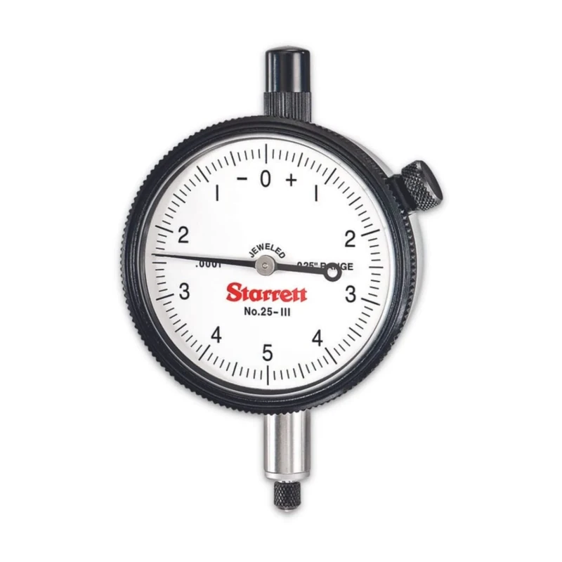Starrett 25-111J Dial Indicator, 0.375" Stem Diameter, Lug-On-Centre Back, White Dial, 0-5-0 Reading, 2.25" Dial Diameter, 0-0.025" Range, 0.0001" Graduation