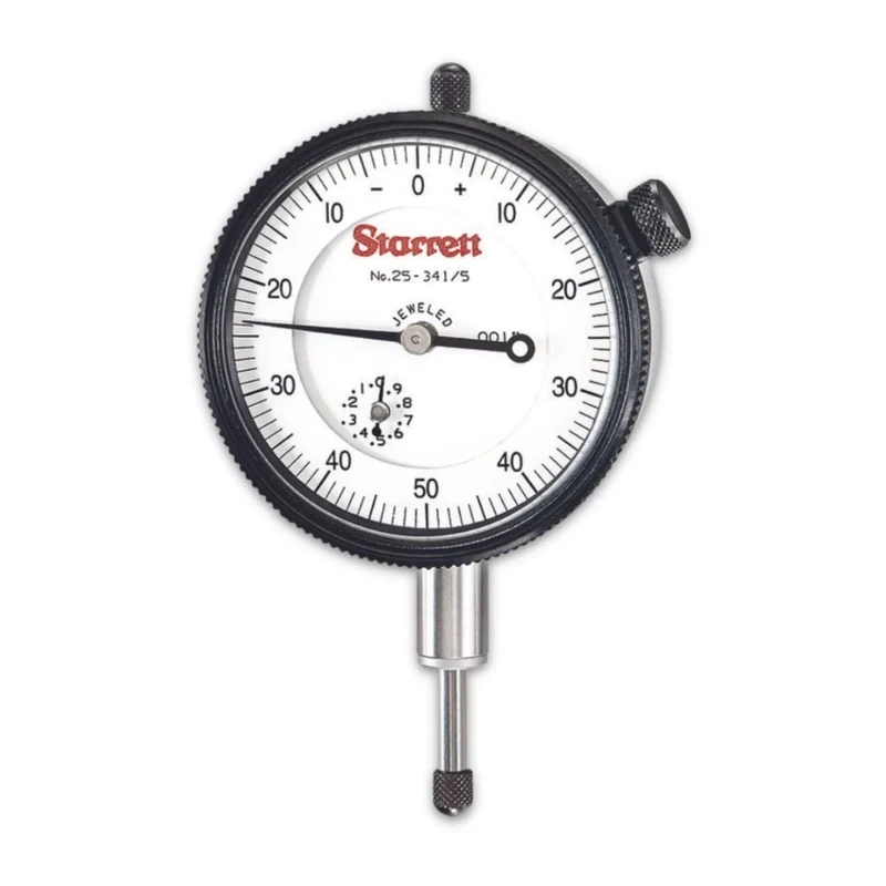 Starrett 25-341/5J Dial Indicator, 0.375" Stem Diameter, Lug-On-Centre Back, White Dial, 0-50-0 Reading, 0-0.5" Range, 0.001" Graduation