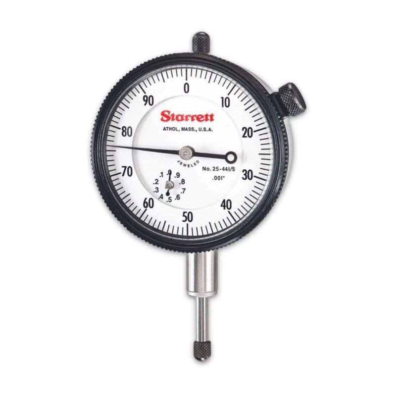 Starrett 25-441/5J Dial Indicator, 0.375" Stem Diameter, Lug-On-Centre Back, White Dial, 0-100 Reading, 0-0.5" Range, 0.001" Graduation
