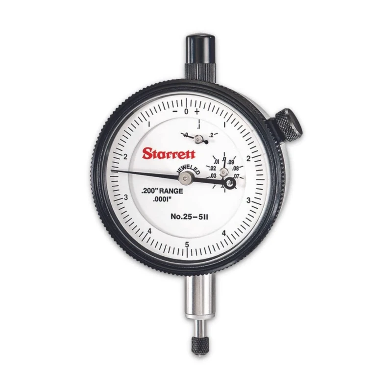 Starrett 25-511J Dial Indicator, 0.375" Stem Diameter, Lug-On-Centre Back, White Dial, 0-5-0 Reading, 2.25" Dial Diameter, 0-0.2" Range, 0.0001" Graduation