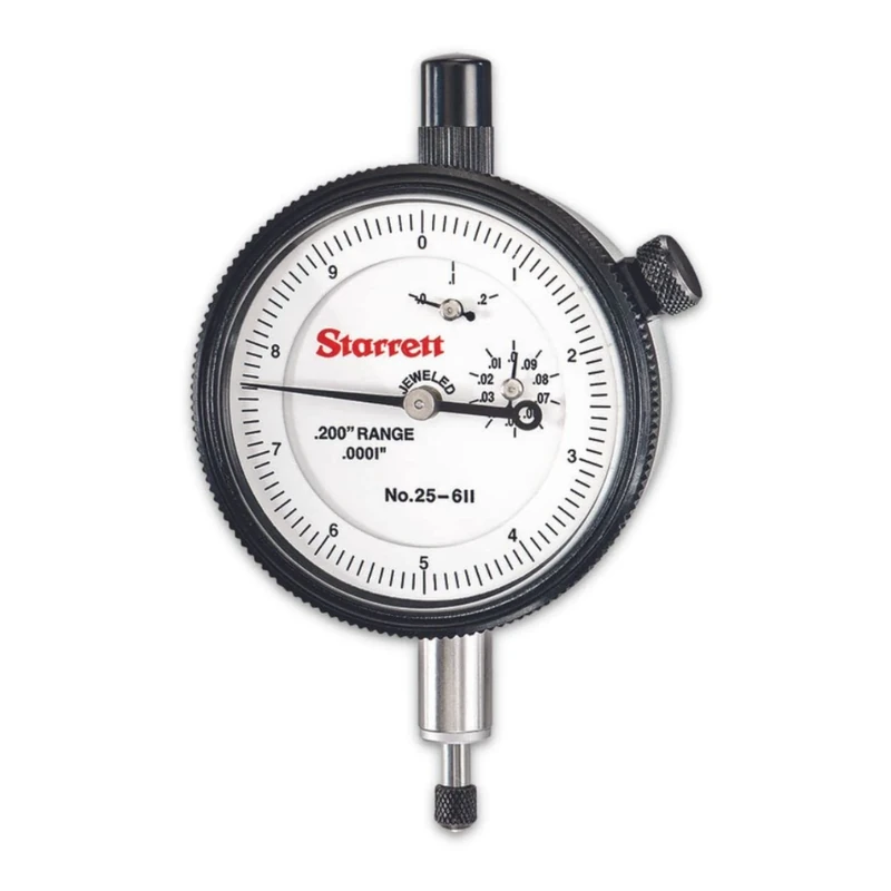 Starrett 25-611J Dial Indicator, 0.375" Stem Diameter, Lug-On-Centre Back, White Dial, 0-10 Reading, 2.25" Dial Diameter, 0-0.2" Range, 0.0001" Graduation