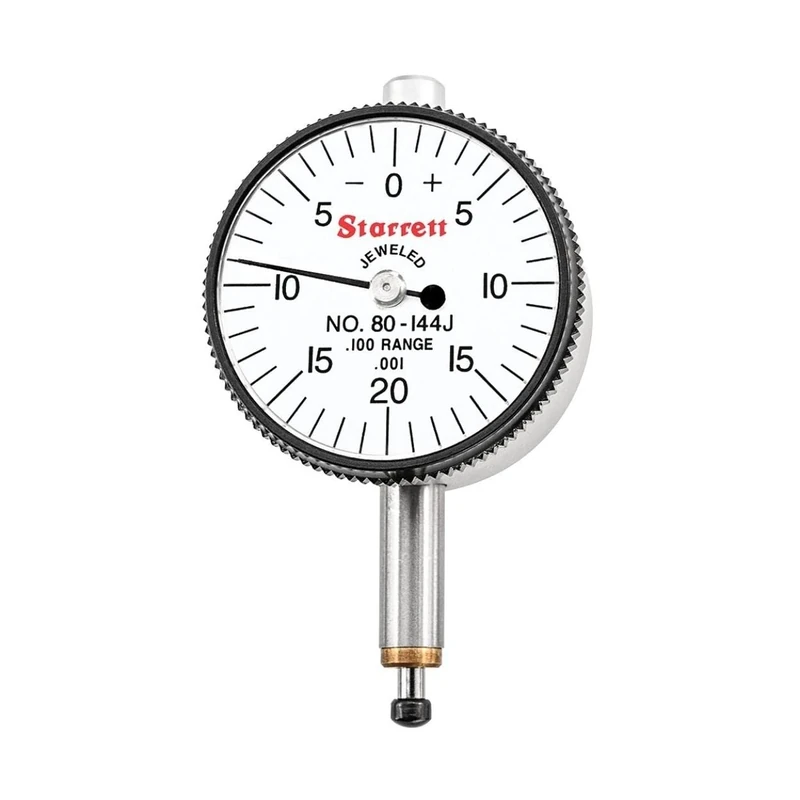 Starrett 80-144J Miniature Dial Indicator, 0.2185" Stem Diameter, Lug-On-Centre Back, White Dial, 0-20-0 Reading, 1.25" Dial Diameter, 0-0.1" Range, 0.001" Graduation