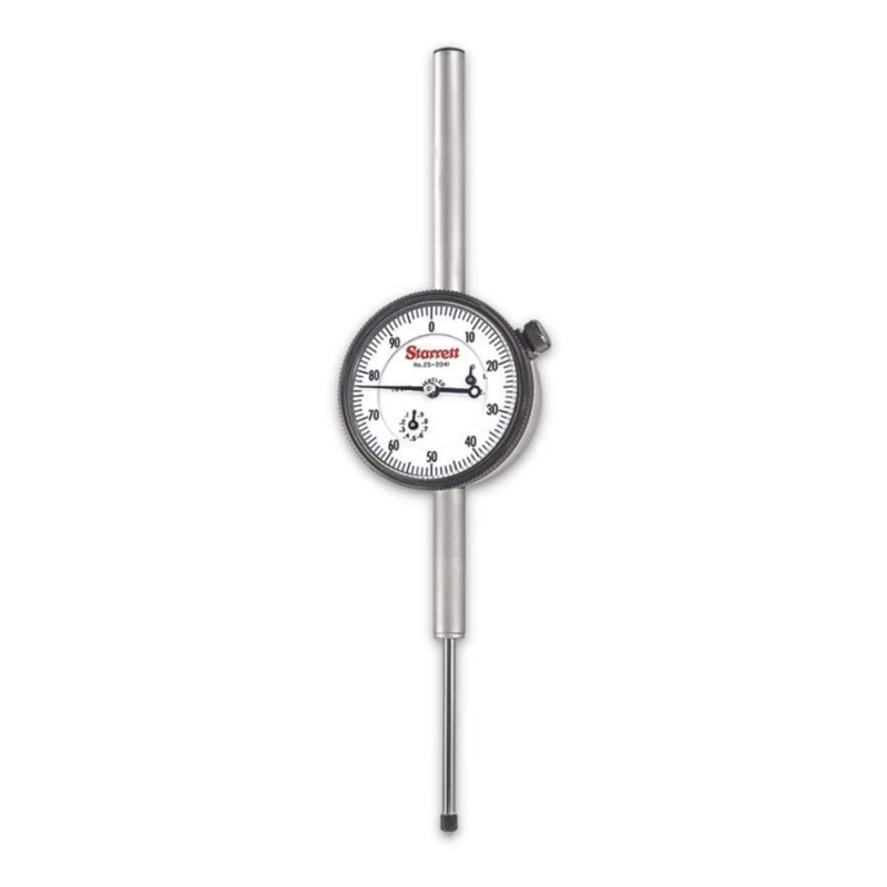 Starrett 25-2041J Dial Indicator, Long Range, 0.375" Stem Diameter, Lug-On-Centre Back, White Dial, 0-100 Reading, 0-2" Range, 0.001" Graduation
