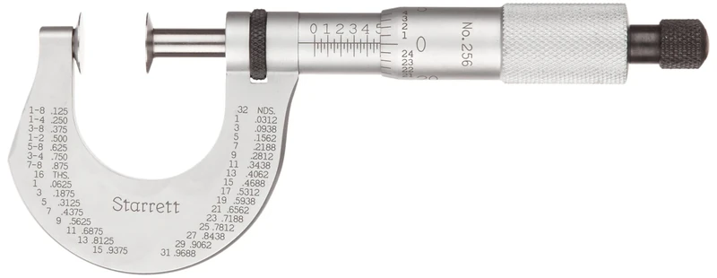 Starrett 256RL-1 Disc-Type Micrometer, Ratchet Stop, Lock Nut, 0-1" Range, 0.001" Graduation, +/-0.00015" Accuracy