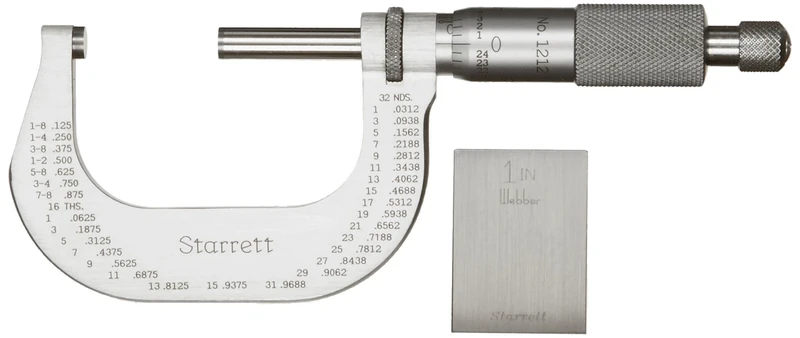 Starrett T1212XRL Stainless Steel Micrometre, Ratchet Stop, Lock Nut, Carbide Faces, 1-2" Range, 0.0001" Graduation, +/-0.00005" Accuracy, Gage Block Standard