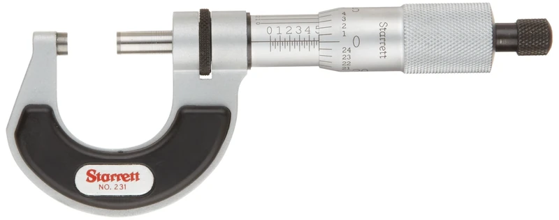 Starrett T231XRL Micrometer, Insulated Frame, Ratchet Stop, Lock Nut, Carbide Faces, 0-1" Range, 0.0001" Graduation, +/-0.00005 mm Accuracy