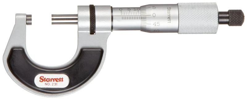 Starrett V231MXRL Micrometer, Insulated Frame, Ratchet Stop, Lock Nut, Carbide Faces, 0-25 mm Range, 0.001 mm Graduation, +/-0.002" Accuracy
