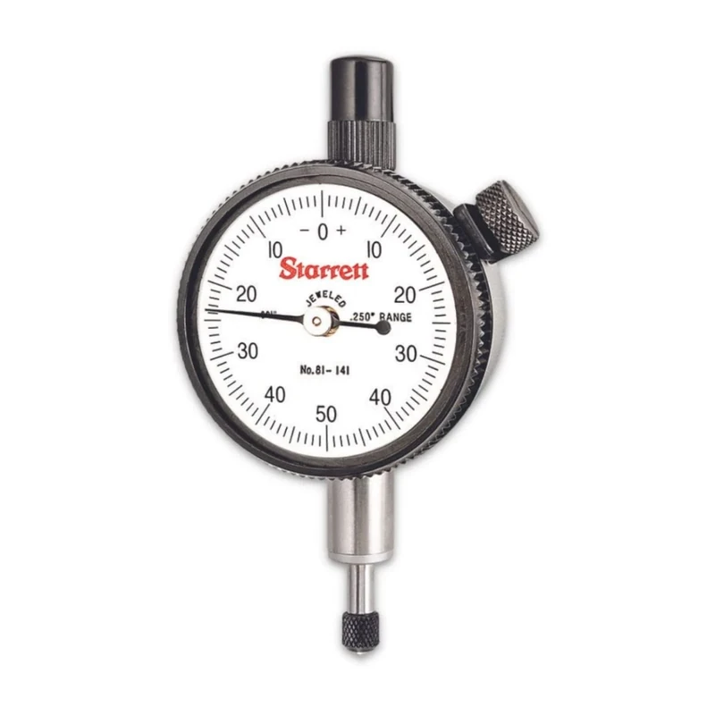 Starrett 81-141J Dial Indicator, 0.375" Stem Diameter, Lug-On-Centre Back, White Dial, 0-50-0 Reading, 1.6875" Dial Diameter, 0-0.25" Range, 0.001" Graduation
