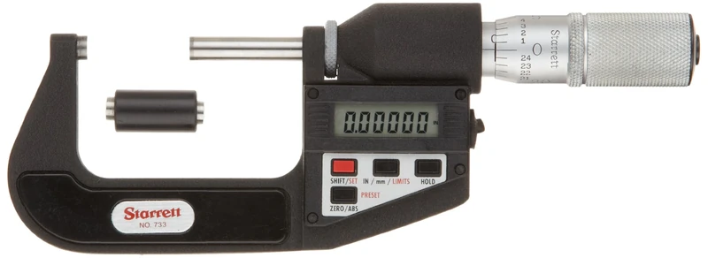 Starrett 733XFLZ-6 LCD Outside Micrometer, Friction Thimble, Lock Nut, Carbide Faces, 5-6" Range, 0.0001" Graduation, +/-0.00015" Accuracy