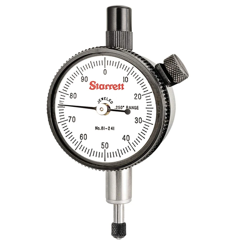 Starrett 81-241J Dial Indicator, 0.375" Stem Diameter, Lug-On-Centre Back, White Dial, 0-100 Reading, 1.6875" Dial Diameter, 0-0.25" Range, 0.001" Graduation