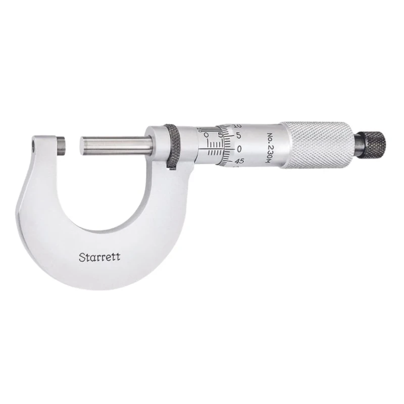 Starrett V230MXRL Outside Micrometer, Ratchet Stop, Lock Nut, Carbide Faces, 0-25 mm Range, 0.001 mm Graduation, +/-0.002 mm Accuracy