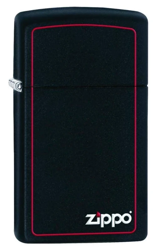 Zippo Windproof Lighter - Slim Black Matte - Red Border with Logo - Colour Image - Refillable - Reusable - Gift Box - Metal - Made in USA