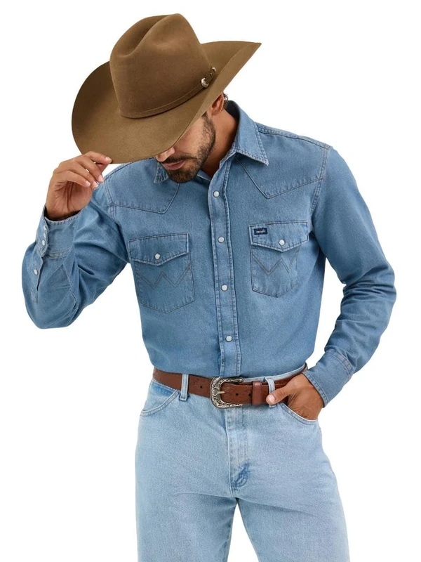 Wrangler Men's Cowboy Cut Western Long Sleeve Snap Work Shirt Washed Finish Shirt, Stonewashed, M