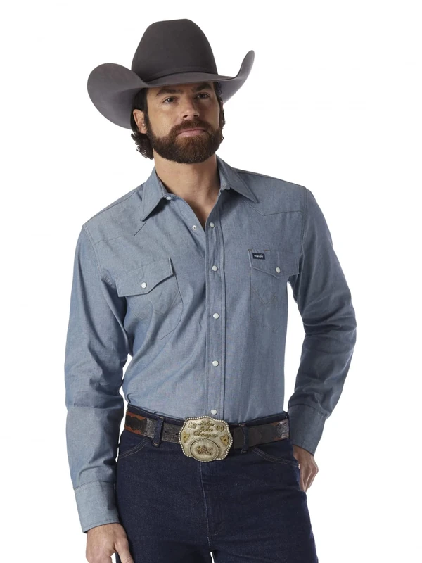 Wrangler Men's Cowboy Cut Western Long Sleeve Snap Work Shirt Washed Finish, Stonewashed, XL Tall Blue