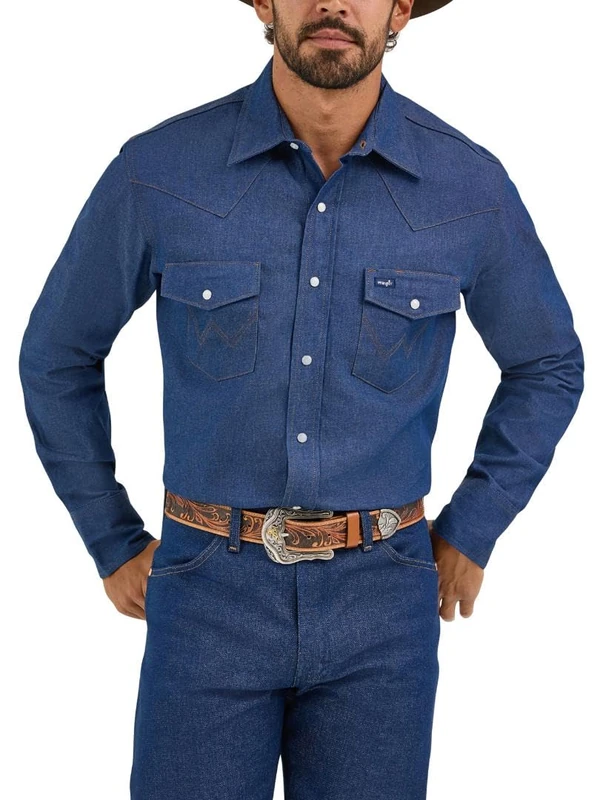 Wrangler Men's Western Long Sleeve Snap Finish Work button down shirts, Dark Denim, L Tall UK