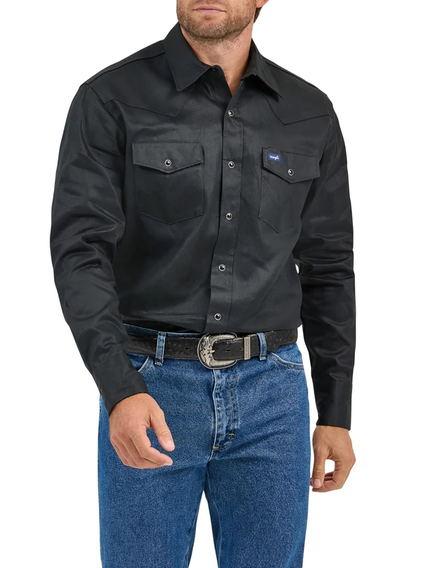 Wrangler Men's Cowboy Cut Western Long Sleeve Snap Work Shirt Firm Finish Shirt, Black, XL