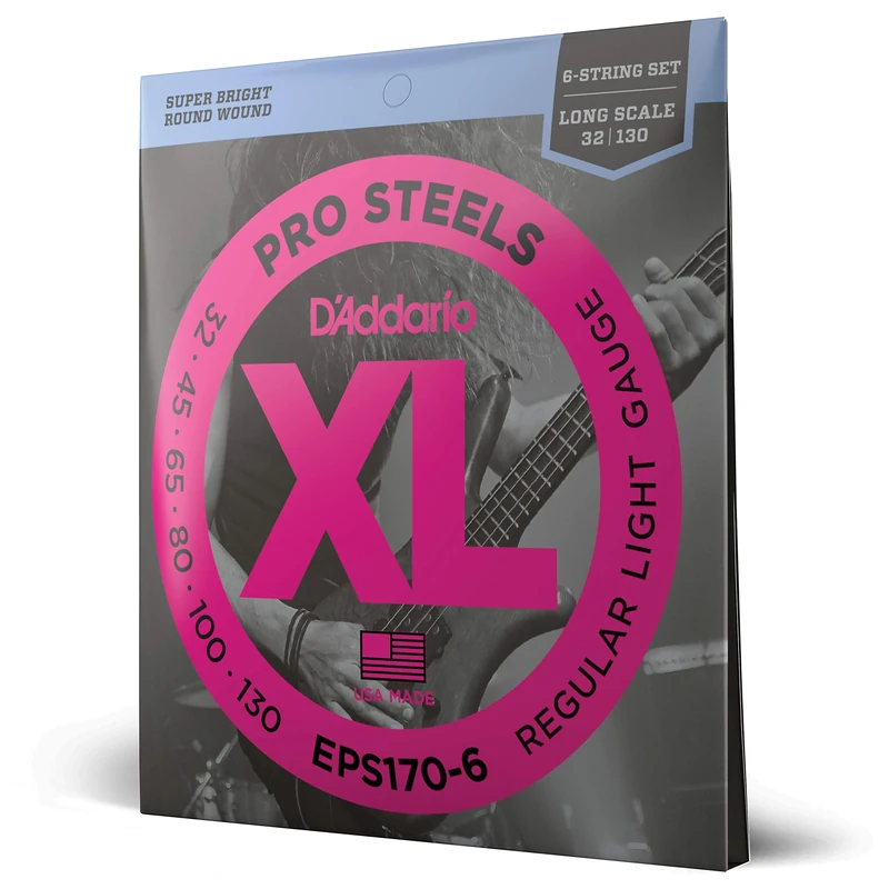 D'Addario XL ProSteels Bass Guitar Strings - EPS170-6 - 6 String - Long Scale - Regular Light, 32-130