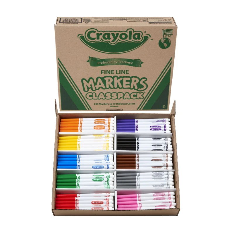 CRAYOLA Pack of 200 Markers Black, Brown, Green, Grey, Orange, Pink, Red, Purple, Yellow