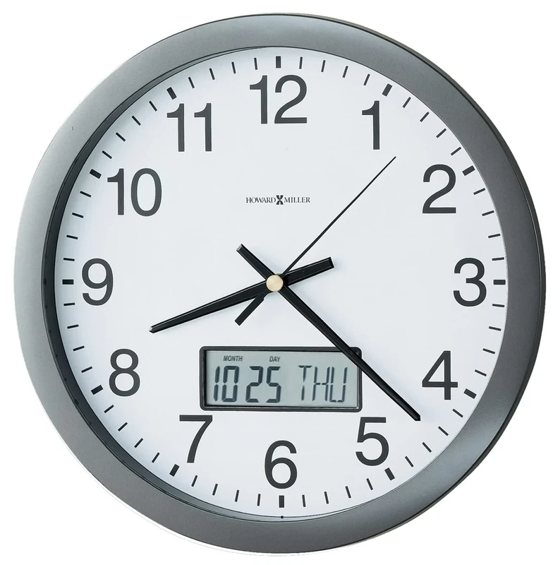 Howard Miller Chronicle Wall Clock 625-195 – Modern Metallic Grey, Flat Bezel Framing, Displays LCD Calendar (Month, Day, Day of Week), Quartz Movement