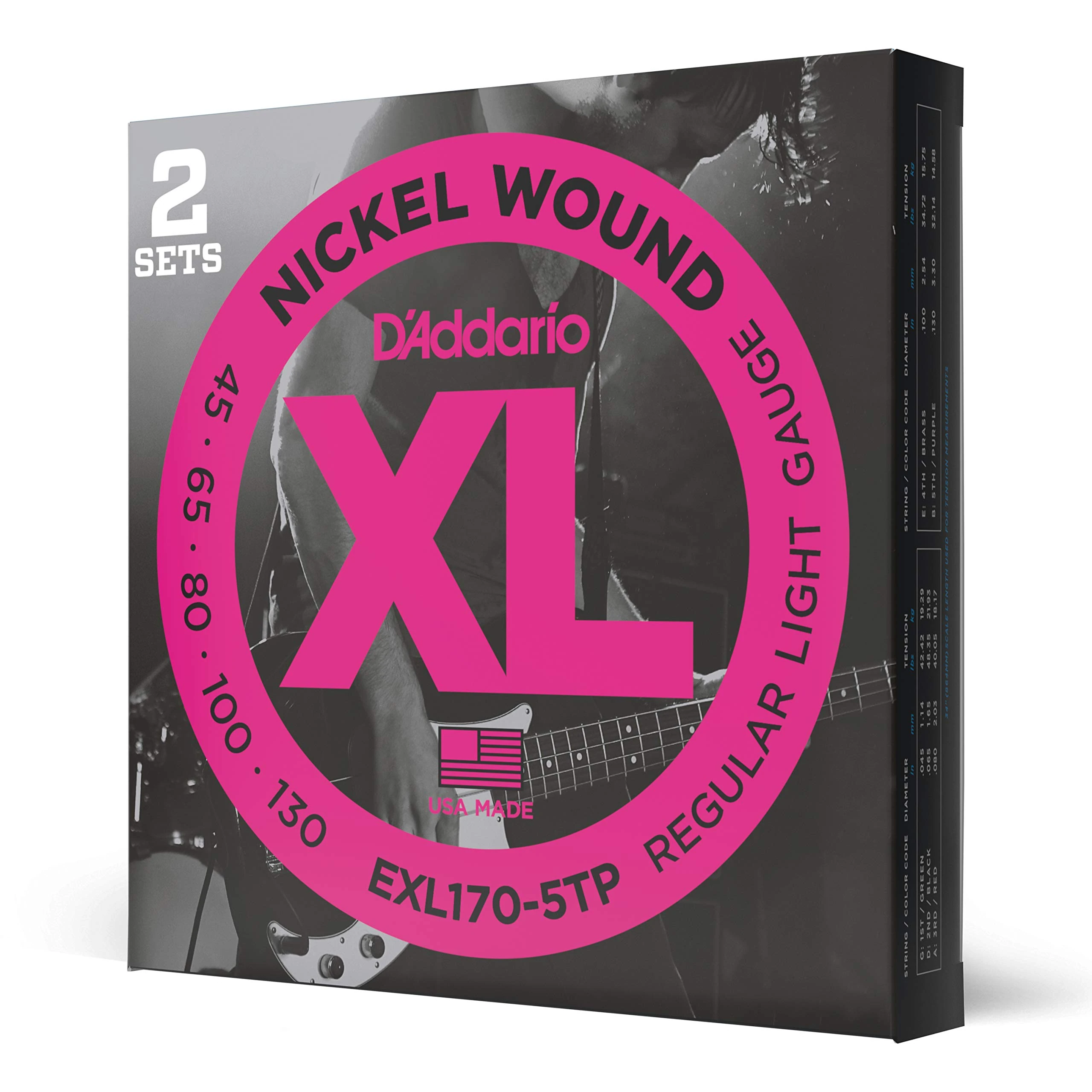 D'Addario Bass Guitar Strings - XL Nickel - EXL170-5TP - Perfect Intonation, Consistent Feel, Durability - 5 String Set - 45-130 Regular Light 5-String, Long Scale, 2-Pack