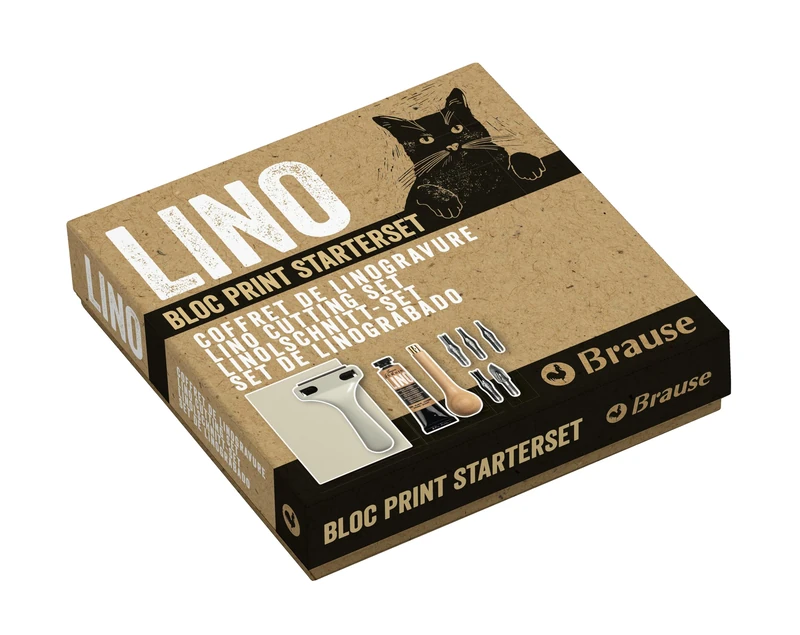Brause 892B - An introductory linocut set including a wooden handle, 5 gouges, paint tube, a palette, an A6 linoleum sheet, a gouge extractor and a roller.