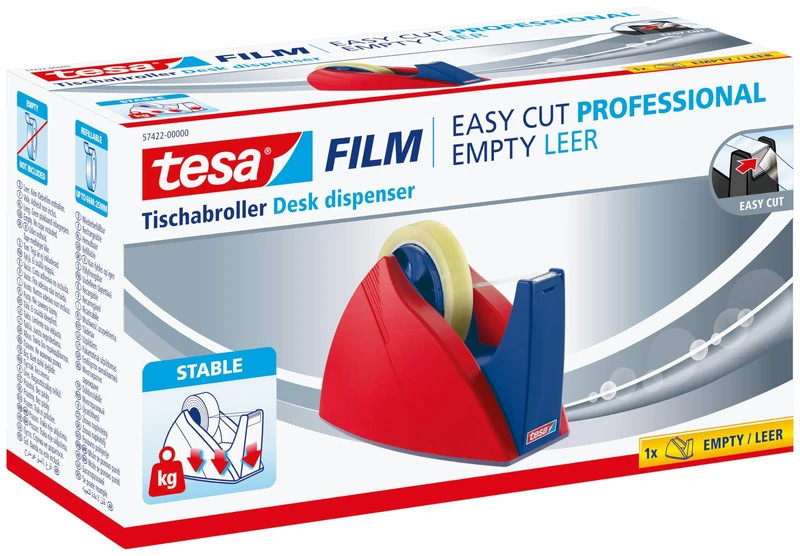 tesa Easy Cut Professional - Stable Table Dispenser for tesafilm - for Processing Large Rolls of Adhesive Film - Red/Blue